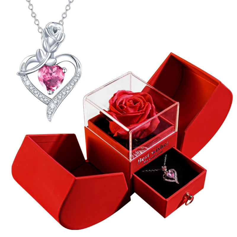 Gift for Women Eternal Rose Gift Box /W Heart Shiny Diamond Necklace Pendant Jewelry Box Set for Wedding Birthday Gift