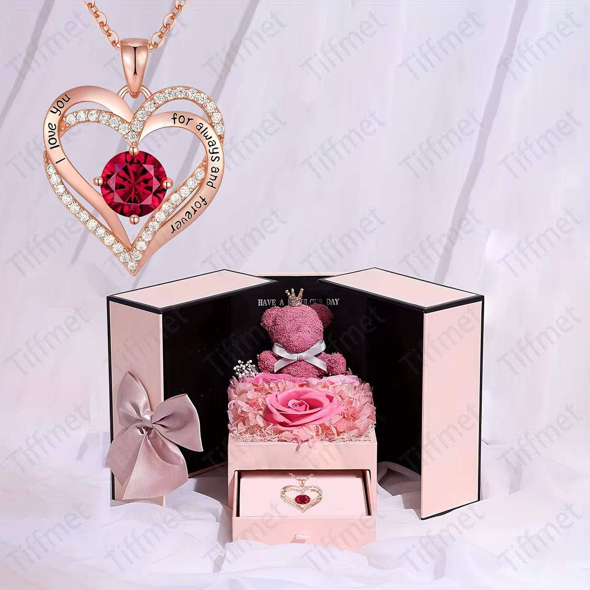 Heart Zircon Necklace with Luxury Double Door Bow Bear Rose Gift Box for Girlfriend Mom Mother Day Gift 2024 Fashion Jewelry Set