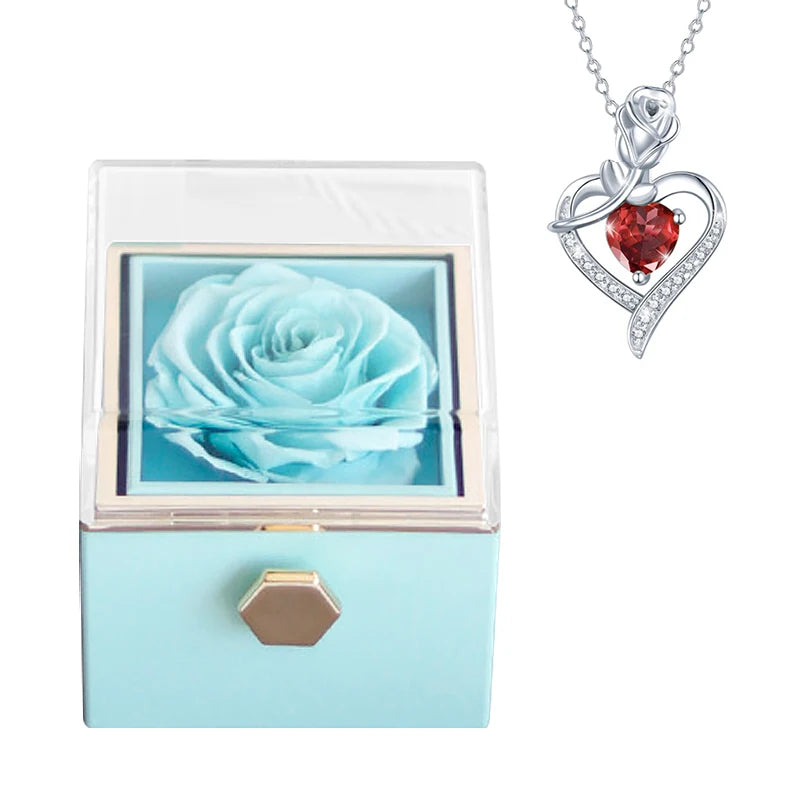 Gifts for Girlfriend Rotating Eternal Rose Gift Box Necklace Set Preserved Flower Jewelry Box for Valentine Christmas Birthday