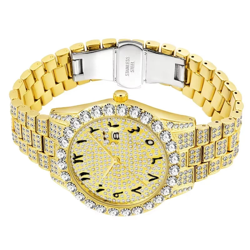 Luxury 18K Gold Watch Men Full Diamond Wristwatch Waterproof Male Clock Hip Hop Iced Out Quartz Mens Watches Arabic Reloj Hombre