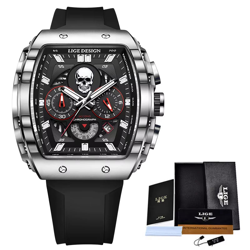 LIGE Fashion Sport Skull Watches Men Top Brand Luxury Chronograph Quartz Man Watch Waterproof Wrist Watch Men Relogios Masculino