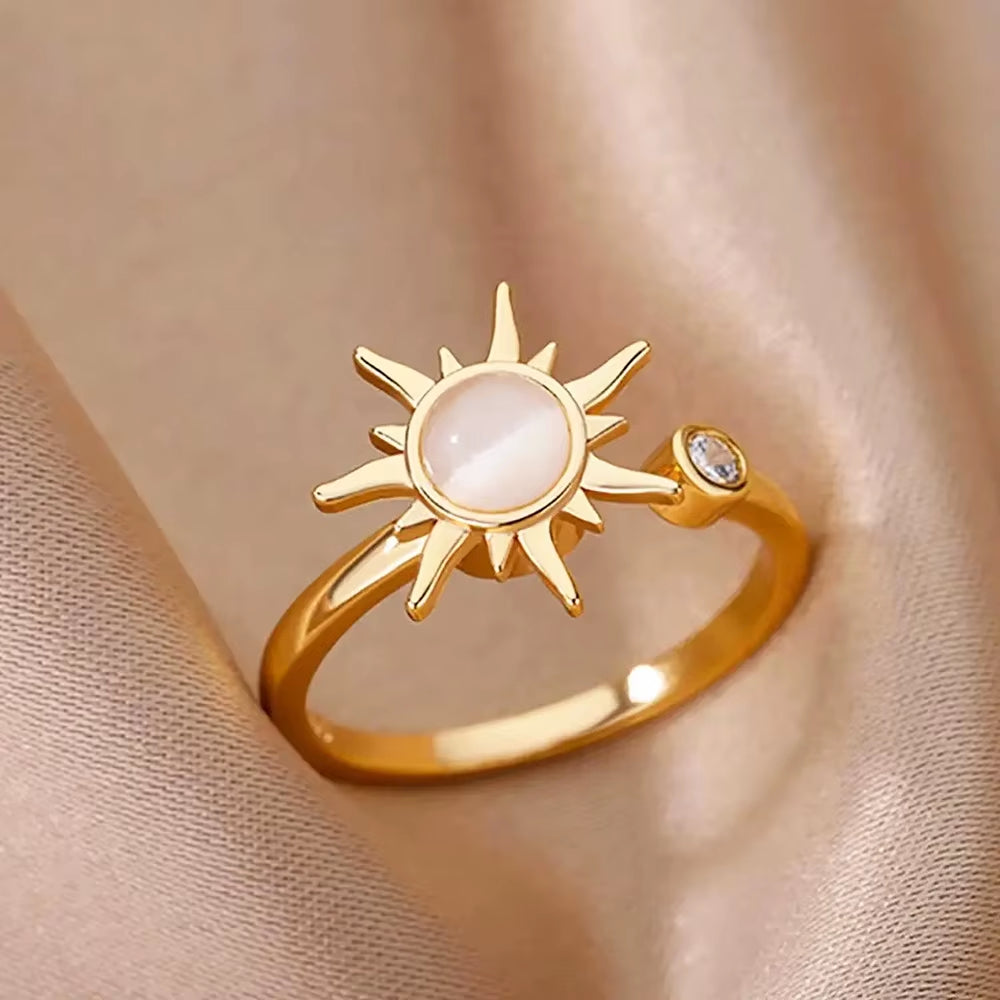 Rotating Sun Opal Ring for Women Stainless Steel Retro Charm Adjustable Open Rings Party Jewelry Best Friend Gift Bijoux Femme