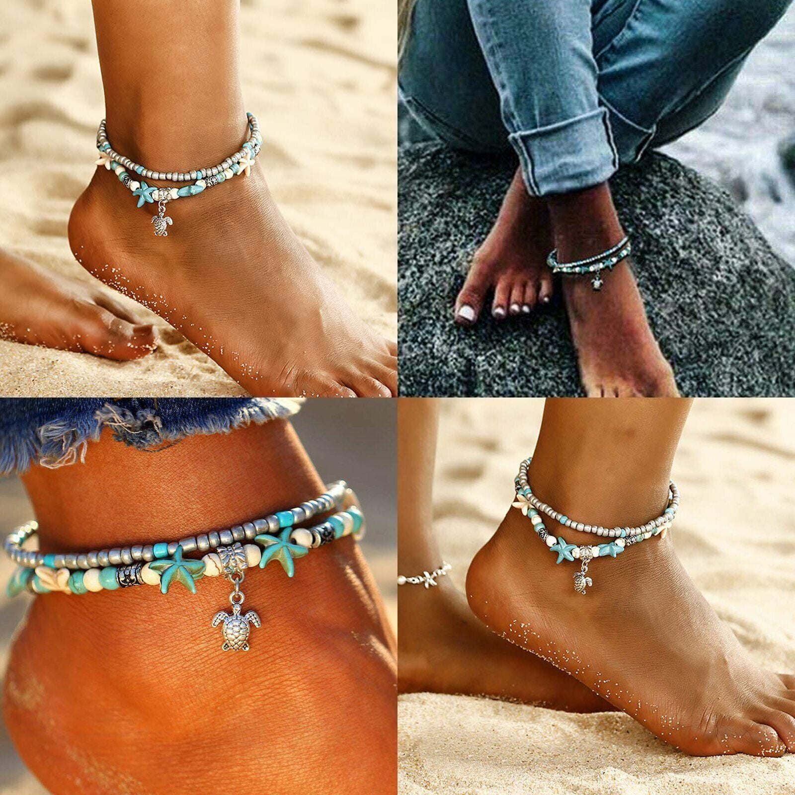 Blue Turtle Anklets for Women Girls Beads Beach Ankle Bracelet Boho Foot Jewelry