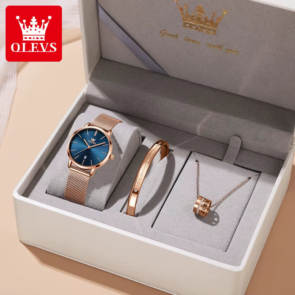 Watch Women Rose Gold Top Brand Luxury JAPAN Movement Quartz Ultra Thin Ladies Watch Calendar Date Necklace Watch Set