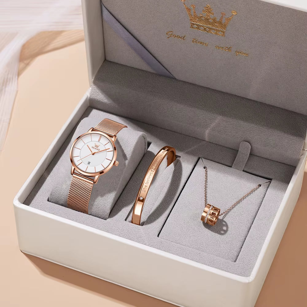 Watch Women Rose Gold Top Brand Luxury JAPAN Movement Quartz Ultra Thin Ladies Watch Calendar Date Necklace Watch Set