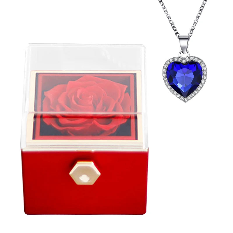 Gifts for Girlfriend Rotating Eternal Rose Gift Box Necklace Set Preserved Flower Jewelry Box for Valentine Christmas Birthday