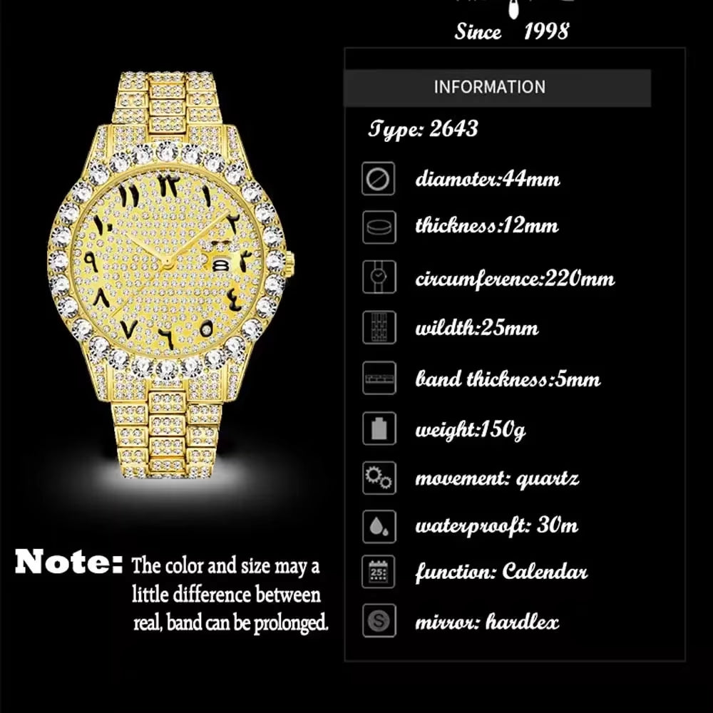 Luxury 18K Gold Watch Men Full Diamond Wristwatch Waterproof Male Clock Hip Hop Iced Out Quartz Mens Watches Arabic Reloj Hombre