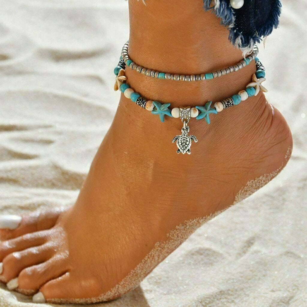 Blue Turtle Anklets for Women Girls Beads Beach Ankle Bracelet Boho Foot Jewelry