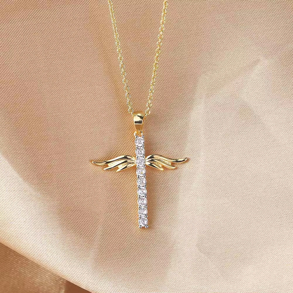 Angel Wings Cross Pendant Necklaces for Women Aesthetic Korean Fashion Gold Color CZ Choker Chain Neck Accessories Jewelry N229