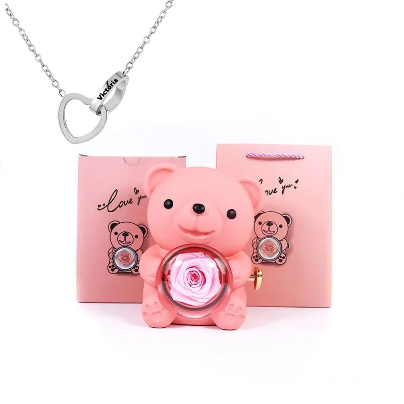 Engraved Heart Necklace with Eternal Rose Teddy Bear Rose Shaped Necklace Jewellery Gift Box Romantic Acrylic Flower Ring Locket