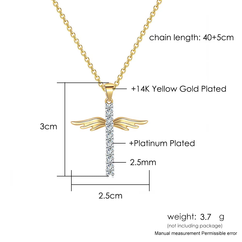 Angel Wings Cross Pendant Necklaces for Women Aesthetic Korean Fashion Gold Color CZ Choker Chain Neck Accessories Jewelry N229