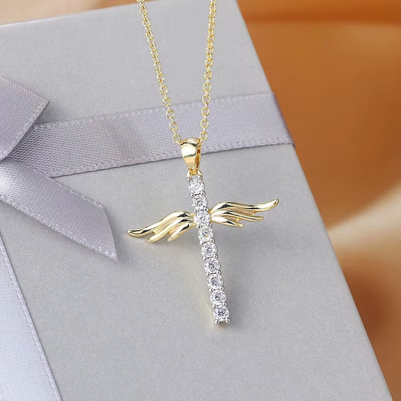 Angel Wings Cross Pendant Necklaces for Women Aesthetic Korean Fashion Gold Color CZ Choker Chain Neck Accessories Jewelry N229